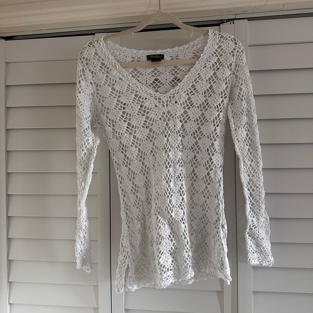 Eddie Bauer White Hand-Crocheted Openwork Top